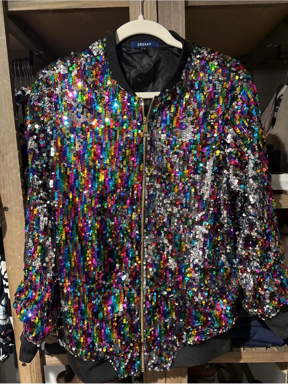 Cresay Multicolor Sequin Bomber Jacket with Black Trim